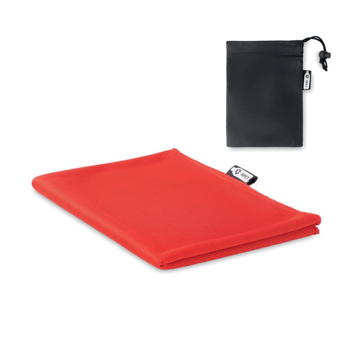 A red RPET cooling towel with a small black carry pouch. The towel is folded neatly, showcasing its vibrant colour.