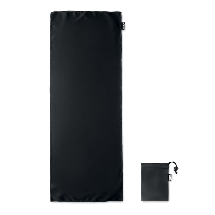 A black travel blanket with a smaller matching pouch for storage. The blanket is rectangular and features a logo.