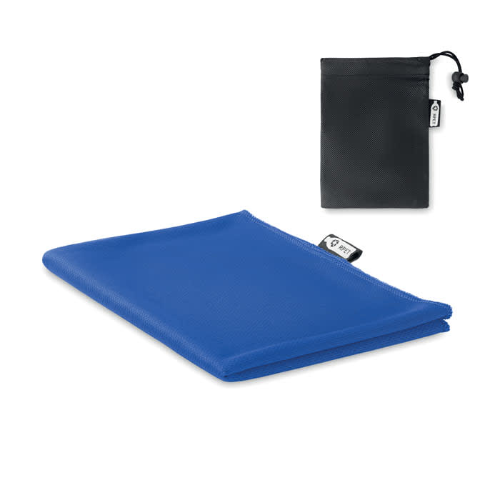 A blue pouch bag with a black drawstring pouch beside it, both featuring branding.