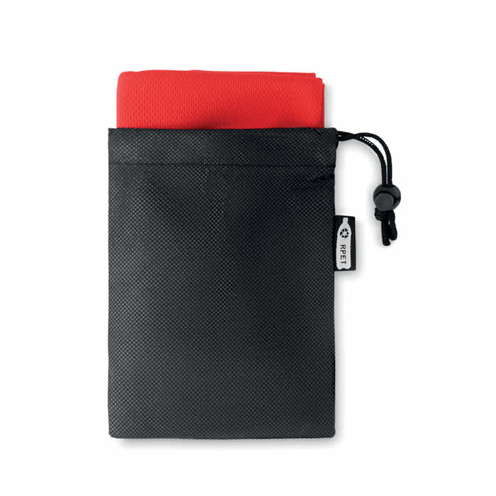 A black pouch containing a folded red item, secured with a drawstring, featuring a small branding label.