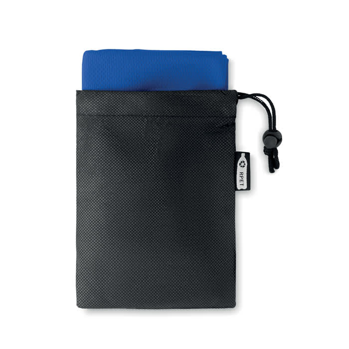 A compact black pouch containing a folded blue cloth, with a drawstring closure and a small logo.