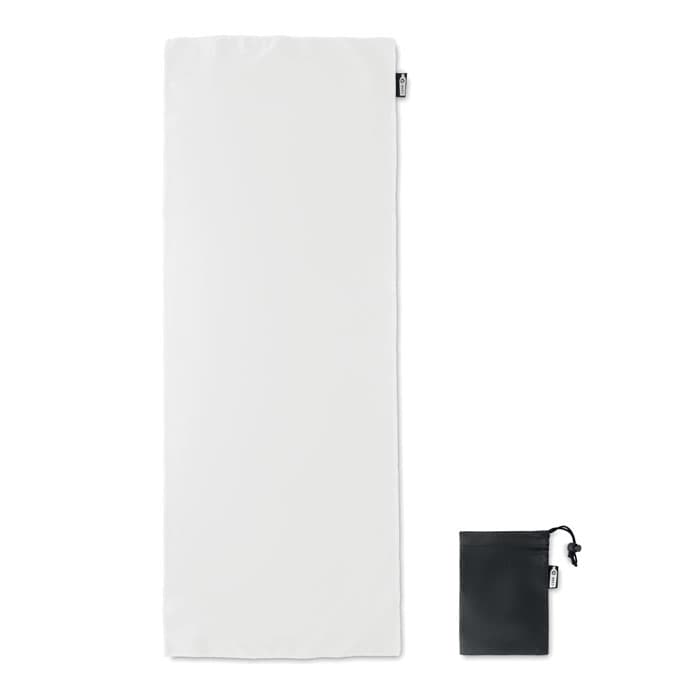 A white, rectangular travel towel with a small black pouch for compact storage. It features a logo on the towel.