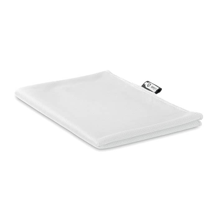 A lightweight, transparent pouch with a zip closure and a branding tag. The item is mostly white in colour.