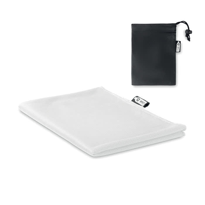 A white microfibre towel and a small black storage pouch, both featuring a branding logo.