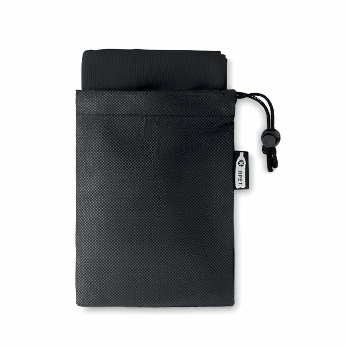 A reusable black pouch made of RPET fabric with a drawstring closure, containing a folded item inside.