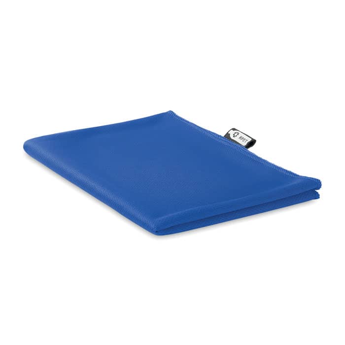 A blue drink bottle holder with a sleek, curved design and a branding tag.