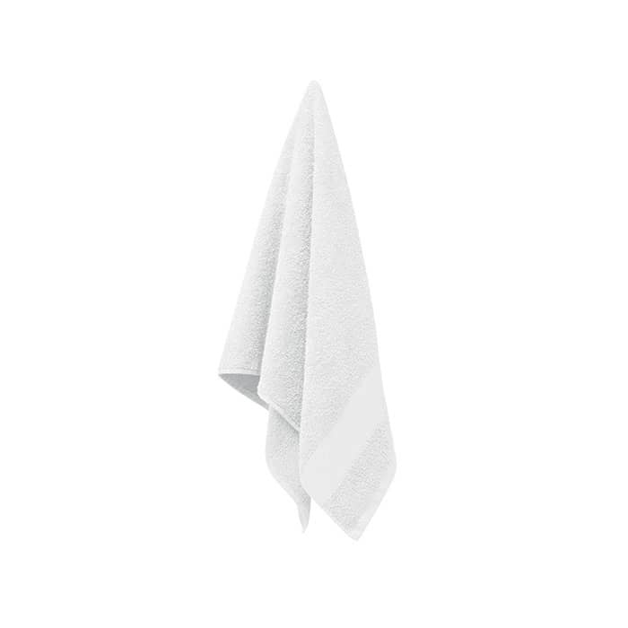 A white terry towel hanging, featuring a textured surface and a simple design. It has a branding logo visible.