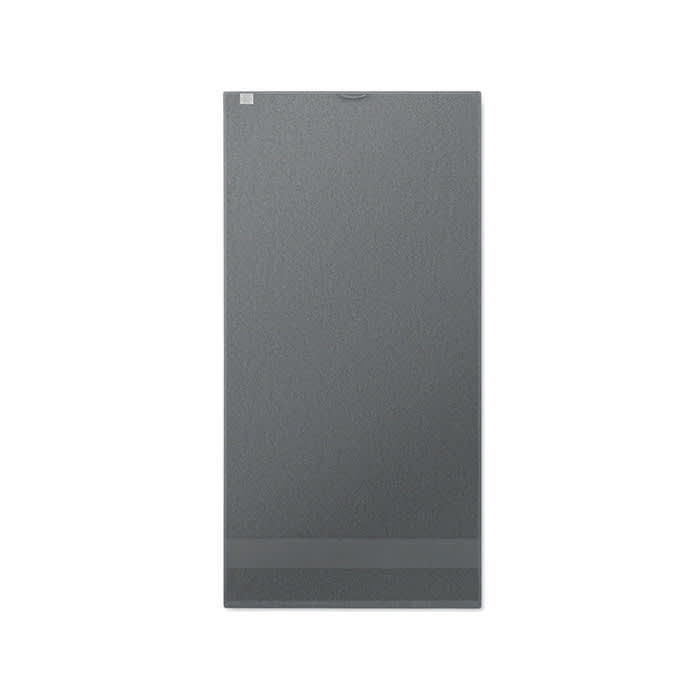A grey promotional product with a textured surface, featuring a logo at the top.