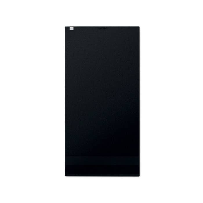 A sleek black drink bottle with a minimalist design and a logo on its surface.