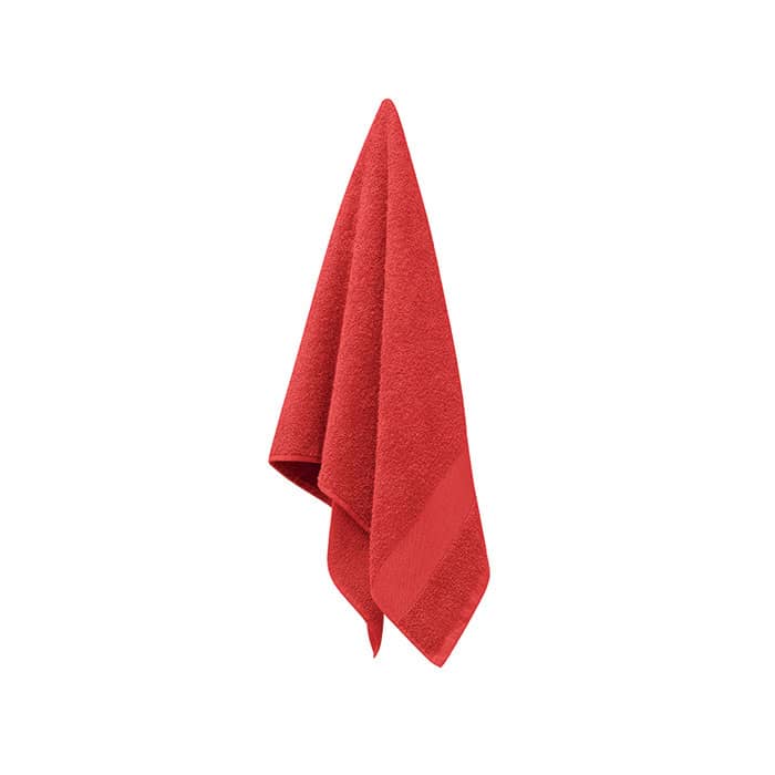 A red towel hangs neatly, showcasing its soft texture and vibrant colour. It includes a subtle logo on the corner.