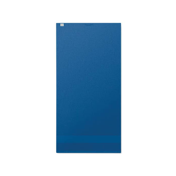 A blue promotional product featuring a smooth surface and a small logo in the corner.