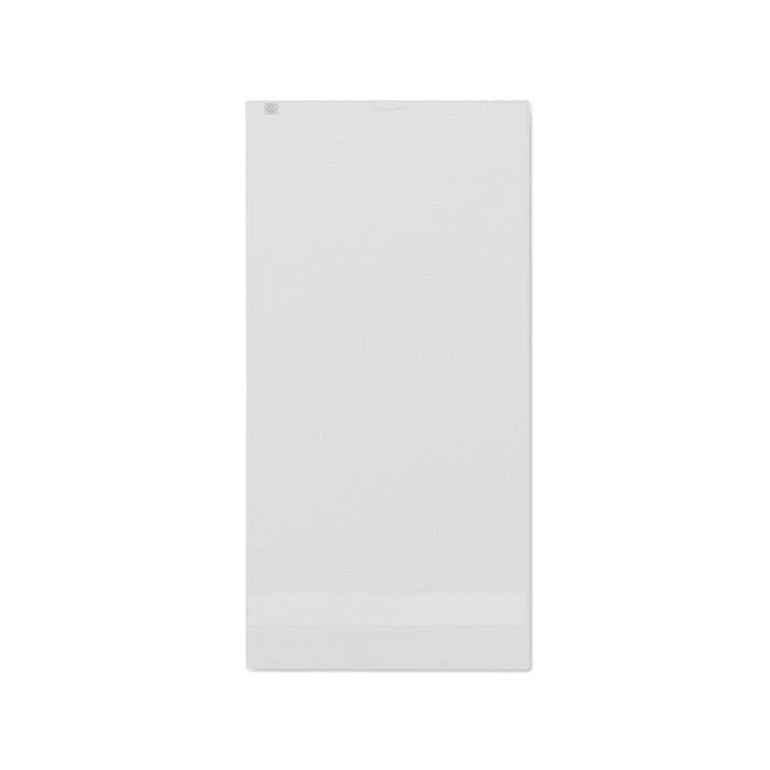 A blank white rectangular panel with a subtle texture and a small logo at the top.
