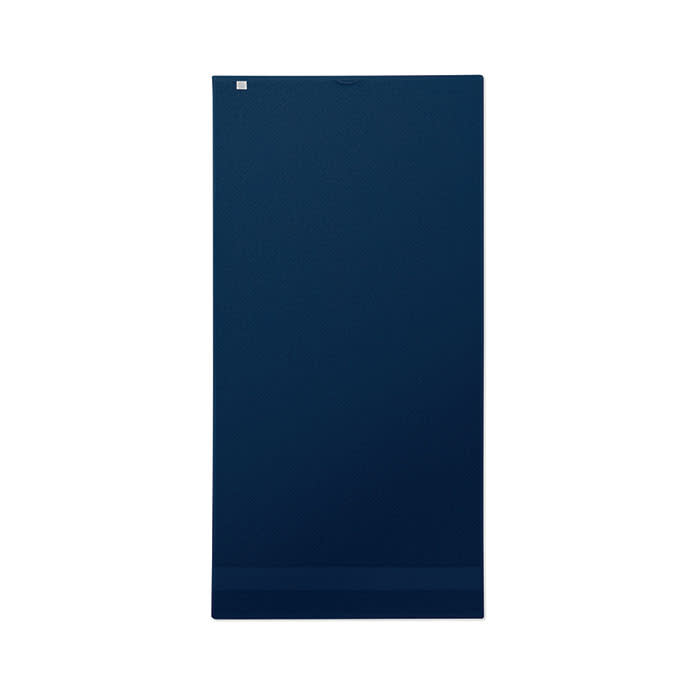 A drink bottle featuring a sleek, dark navy blue design with a logo on the side.