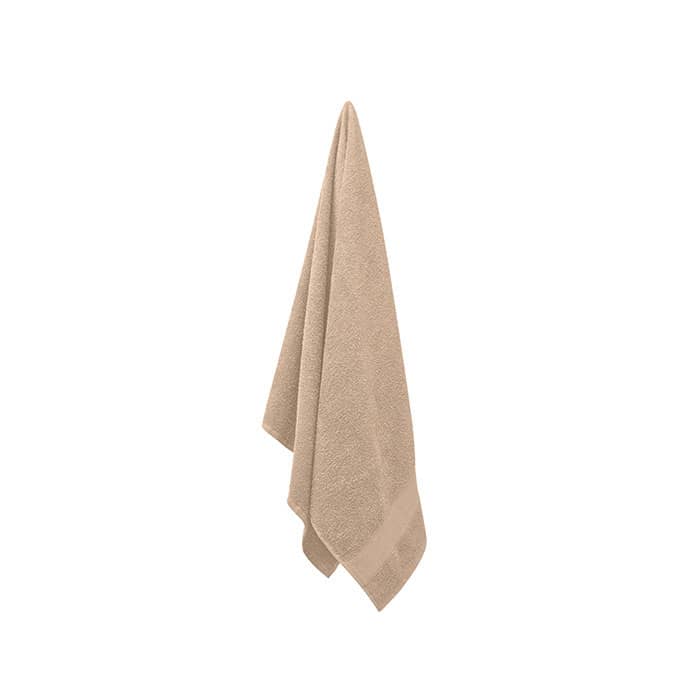 A towel in a light beige colour, hanging vertically with a textured surface. It has a simple design without any printed branding.
