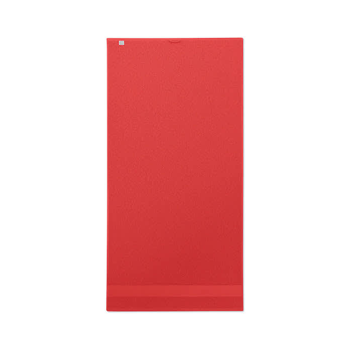 A red yoga mat featuring a textured surface and a logo at the top. Perfect for exercise and fitness activities.