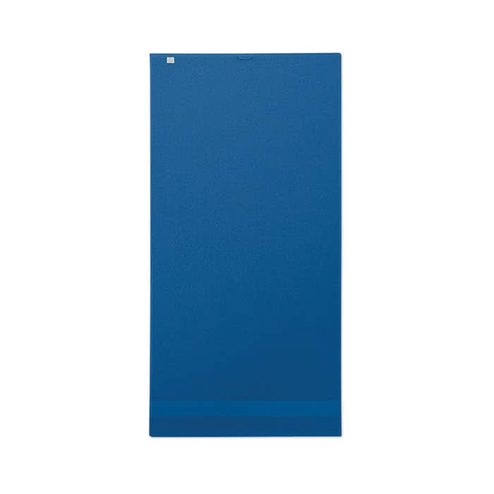 A blue promotional drink bottle with a logo, featuring a sleek and modern design.