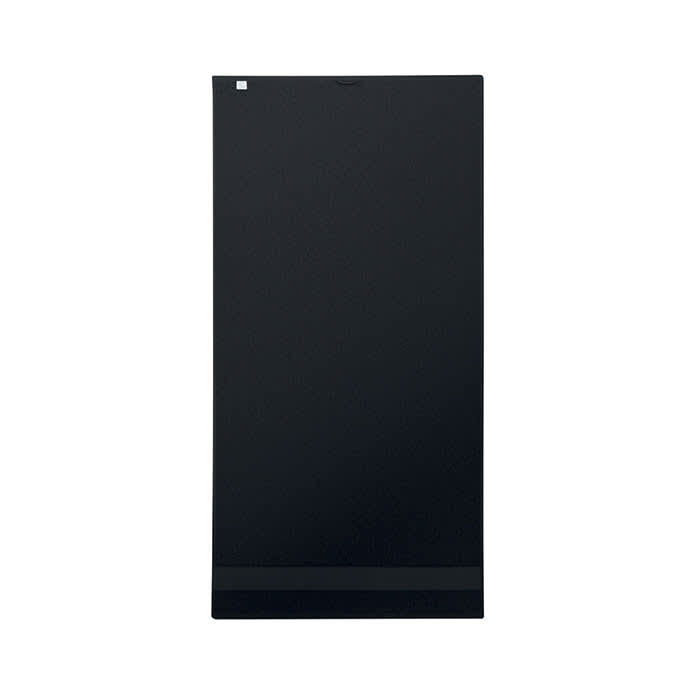 A sleek black drink bottle with a smooth finish and a small logo at the top.