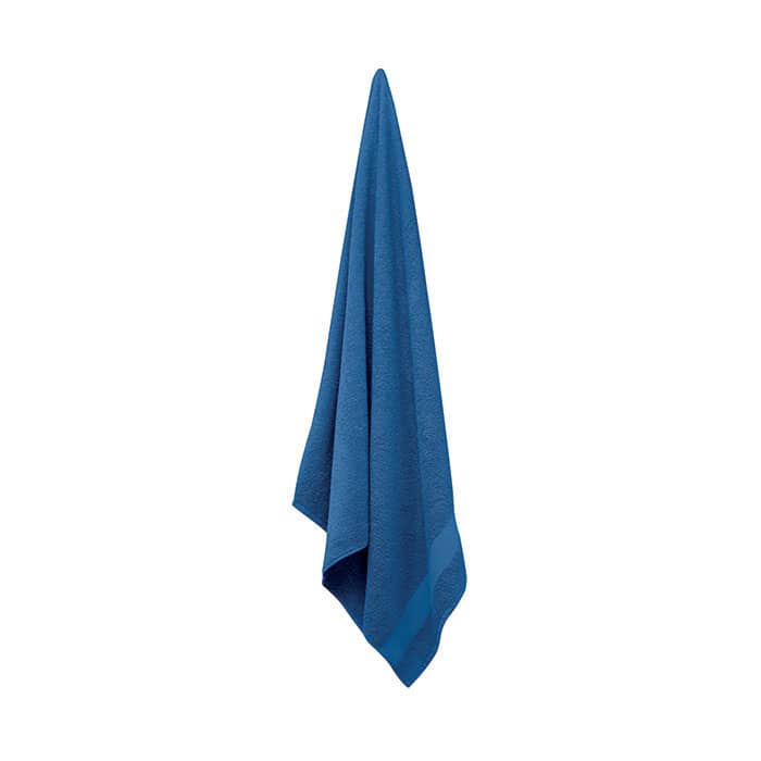 A blue towel hanging, made from soft fabric with a textured finish. It has a loop for convenient hanging.