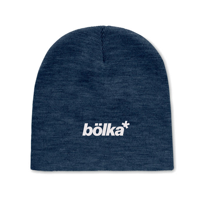 A navy beanie featuring a white logo on the front. The fabric appears soft and stretchy.