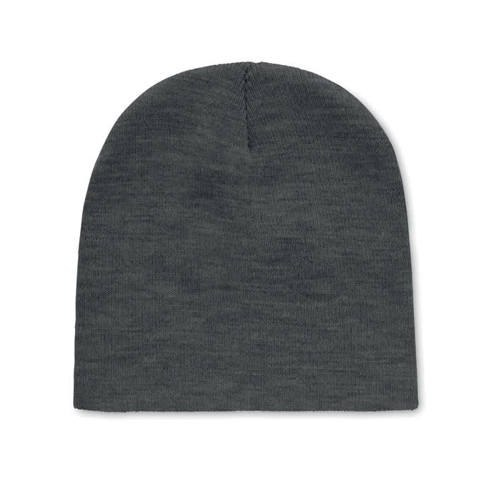 A grey beanie hat with a simple, smooth texture and a rounded top.