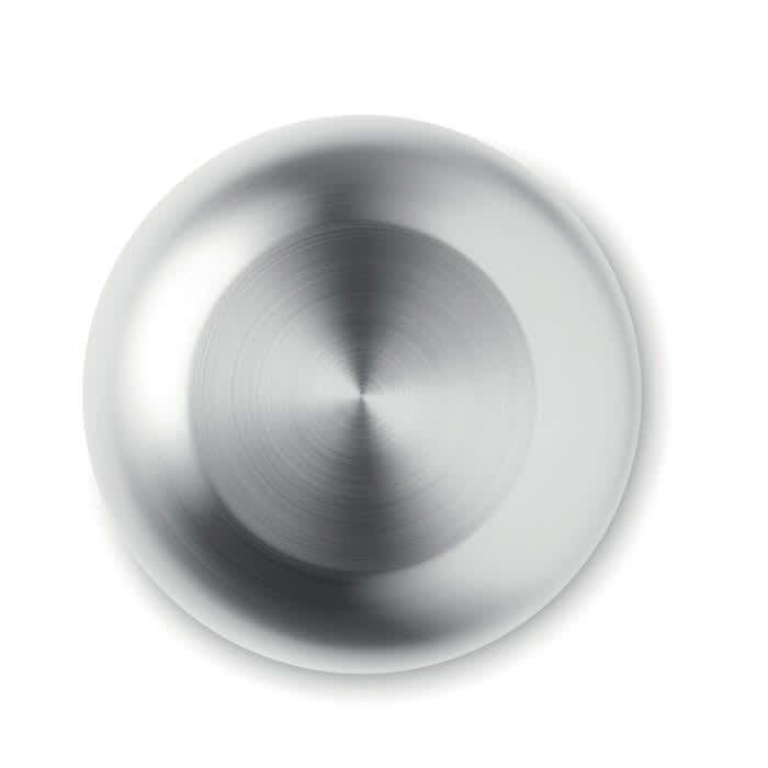 A round, polished stainless steel surface with a smooth, reflective texture and a subtle brushed finish.