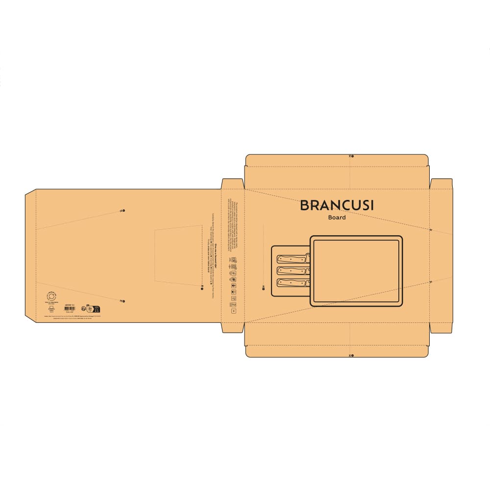A flat packaging design for the Brancusi Board, featuring a bamboo board and three kitchen knives. The colour is an earthy tone.