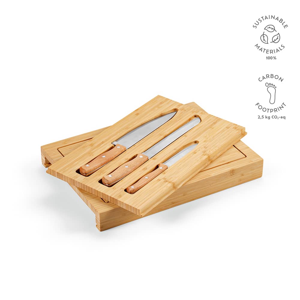 A bamboo knife block containing three kitchen knives with wooden handles. The block has a sleek design and includes branding.