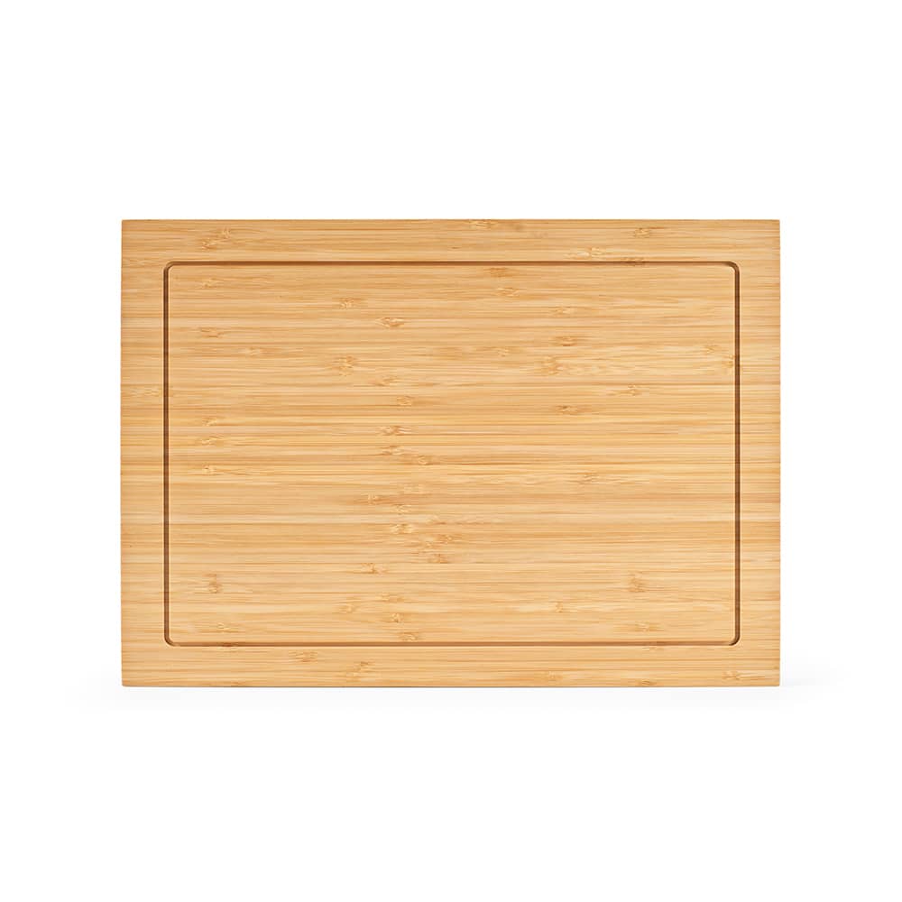 A bamboo cutting board with a bordered groove, featuring a natural, light brown finish.