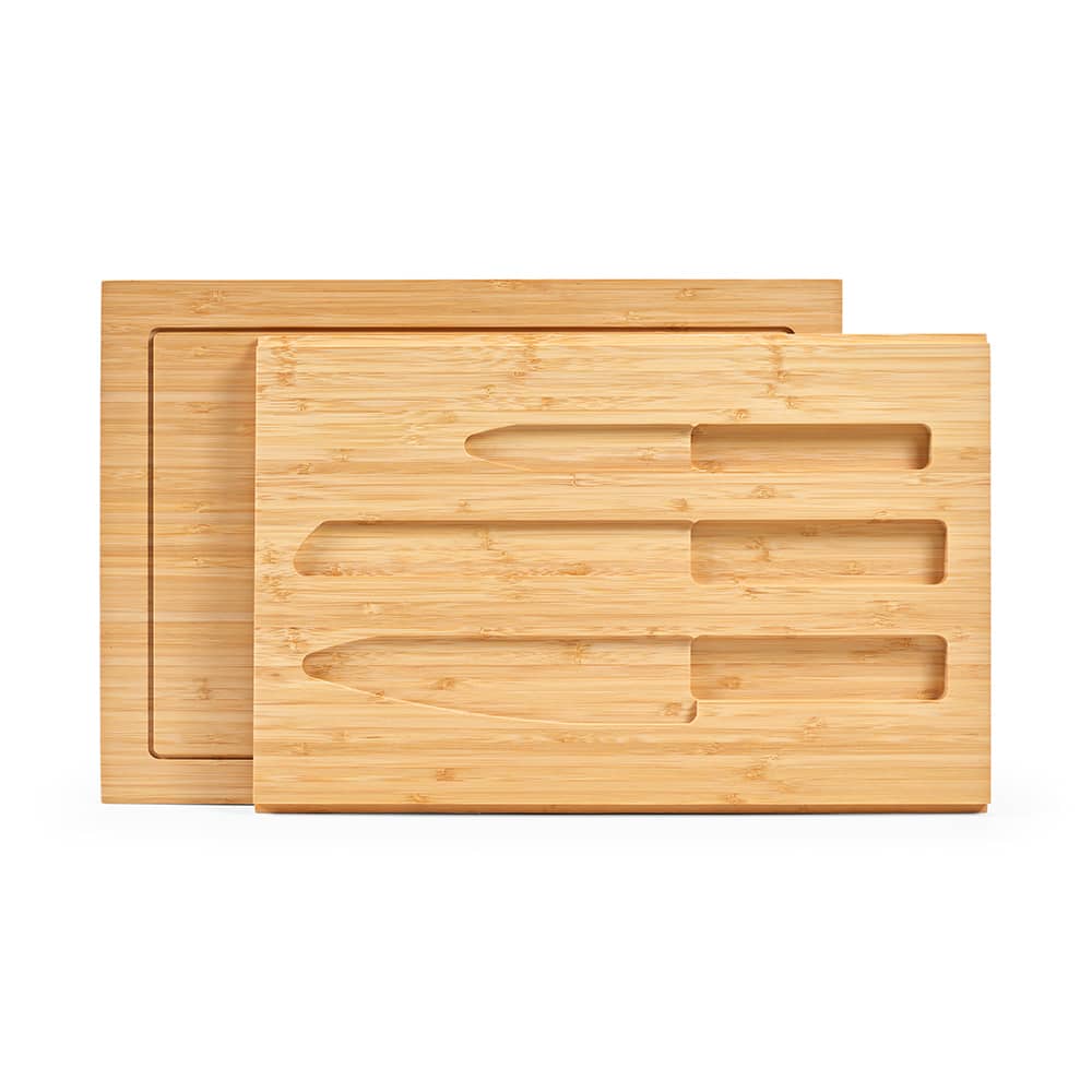 A bamboo cutting board set with knife slots, featuring a natural wood finish and smooth edges.