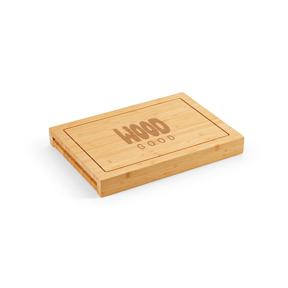 A bamboo cutting board with a natural wood finish and a logo.
