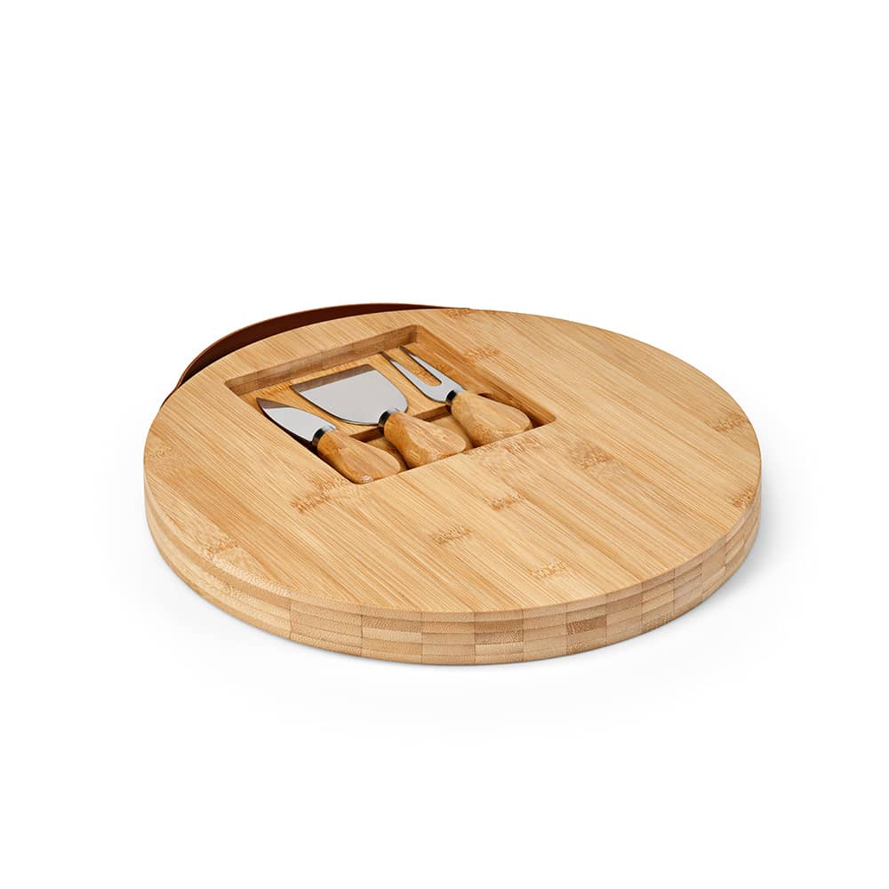 A round bamboo cheese board with a wooden handle and three stainless steel cheese utensils included.