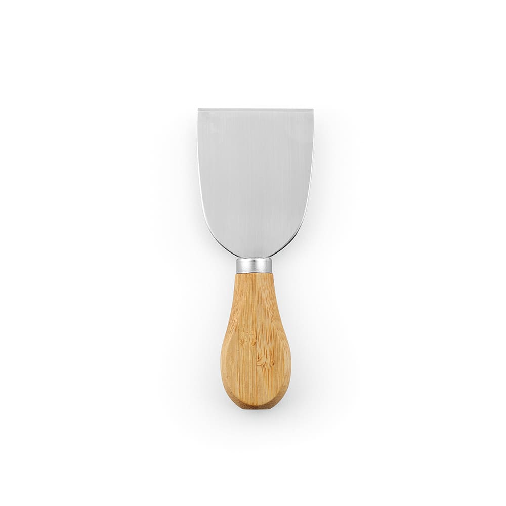 A cheese knife with a stainless steel blade and a bamboo handle, featuring a smooth, rounded design.