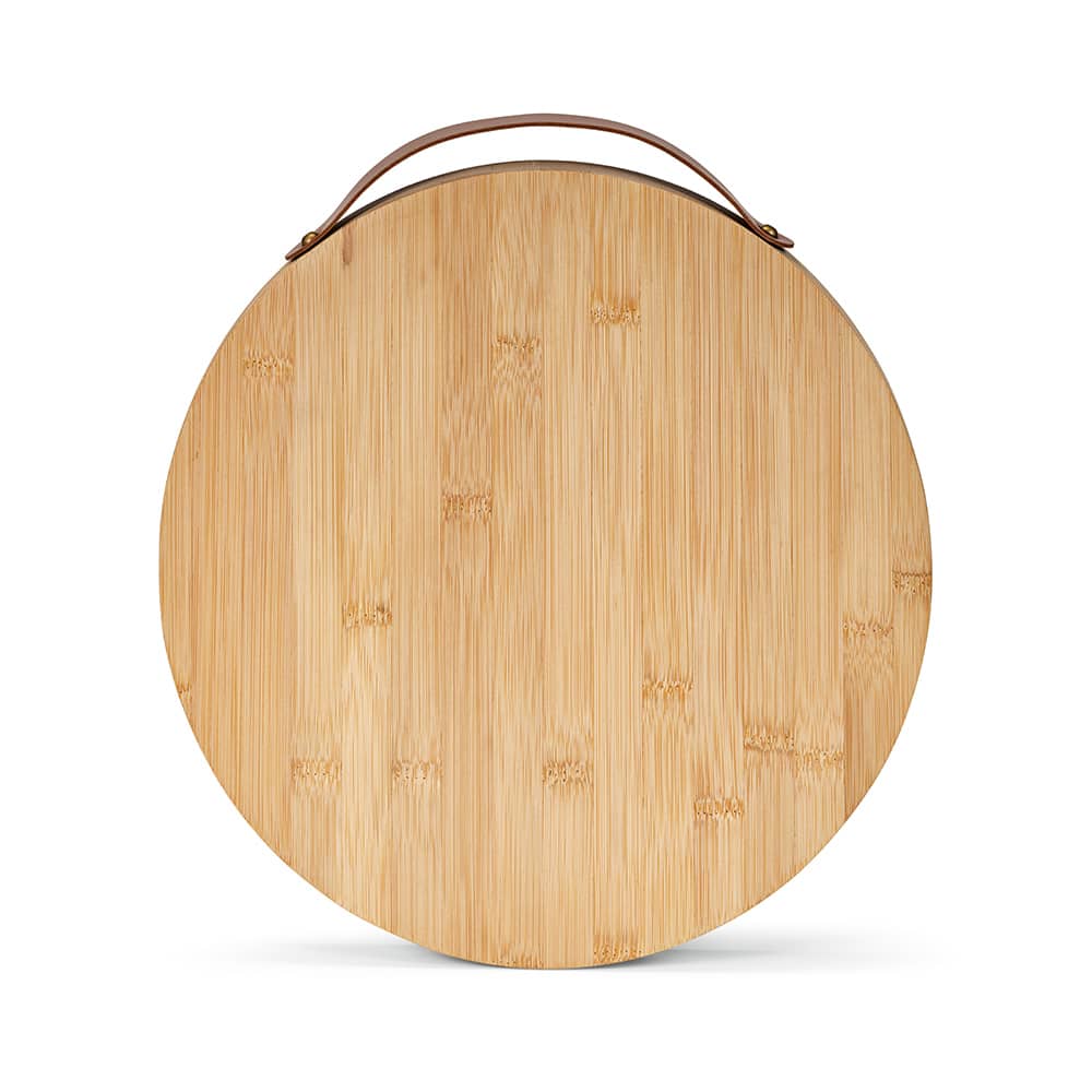 A round bamboo board with a brown handle, featuring a smooth wooden surface.