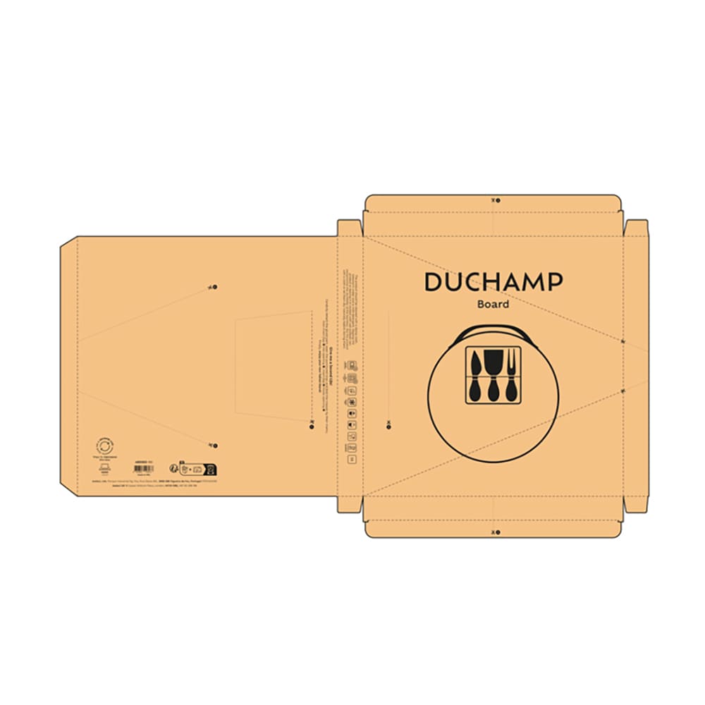 A flat cardboard box in muted tones featuring a logo and outlines of cheese utensils.