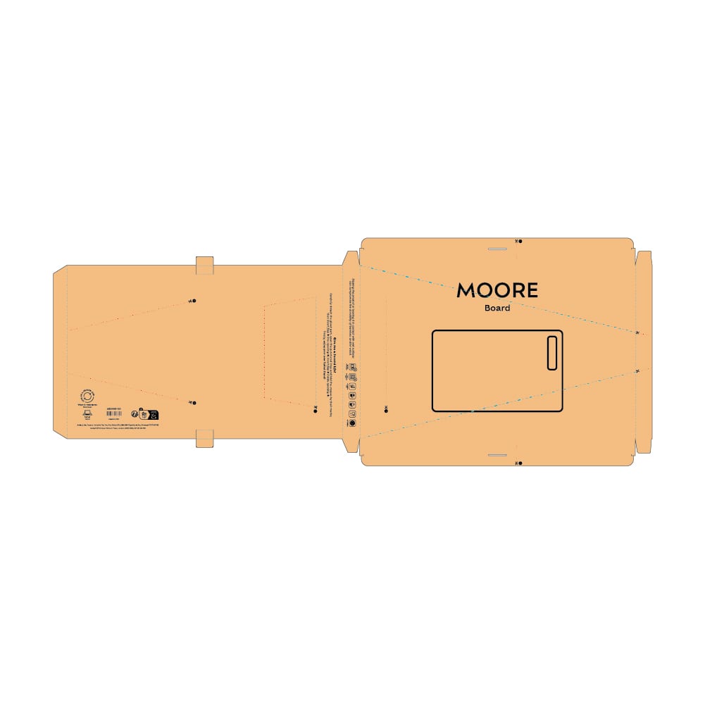 A flat, orange packaging box for the Moore Board Oak with a built-in handle, featuring a logo.