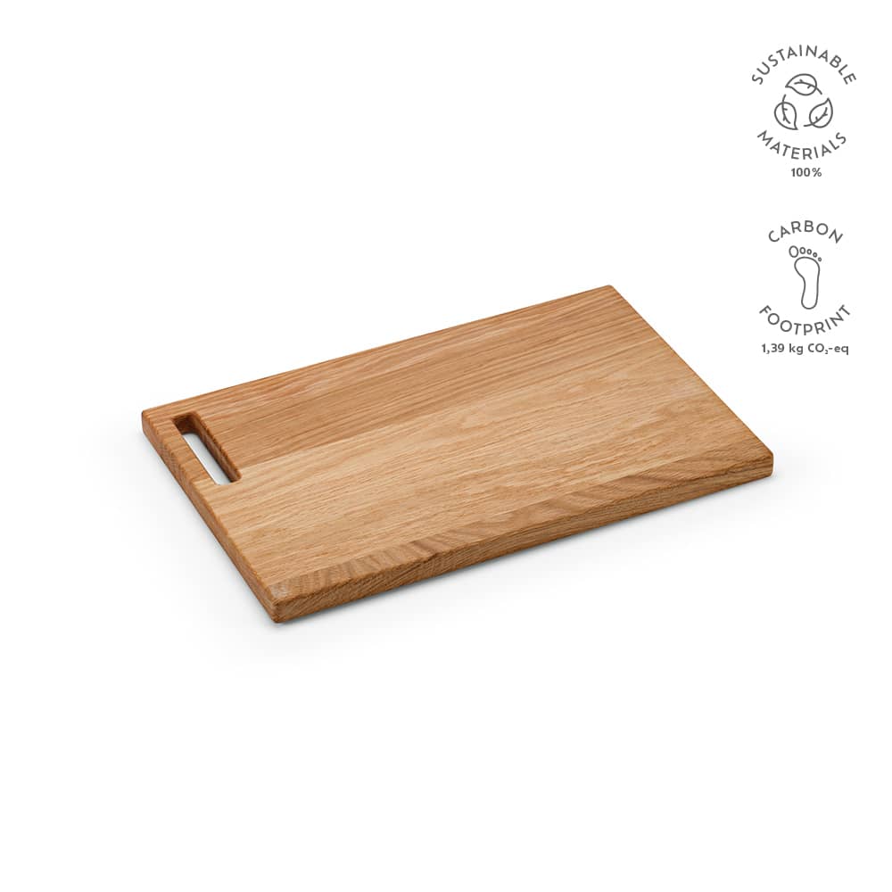 A wooden chopping board in oak with a built-in handle, featuring a rectangular shape and natural grain.