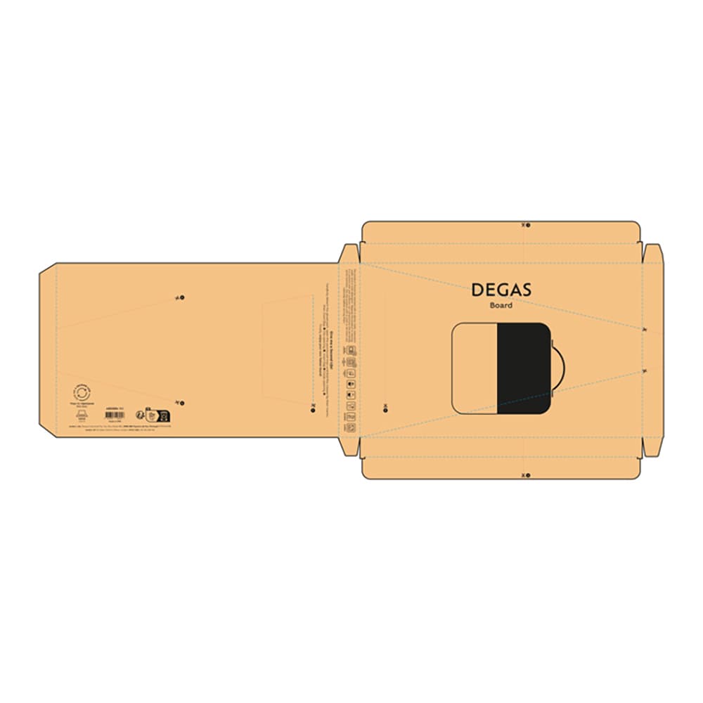 A flat, brown packaging for the Degas Board, featuring a black section, and includes a logo.
