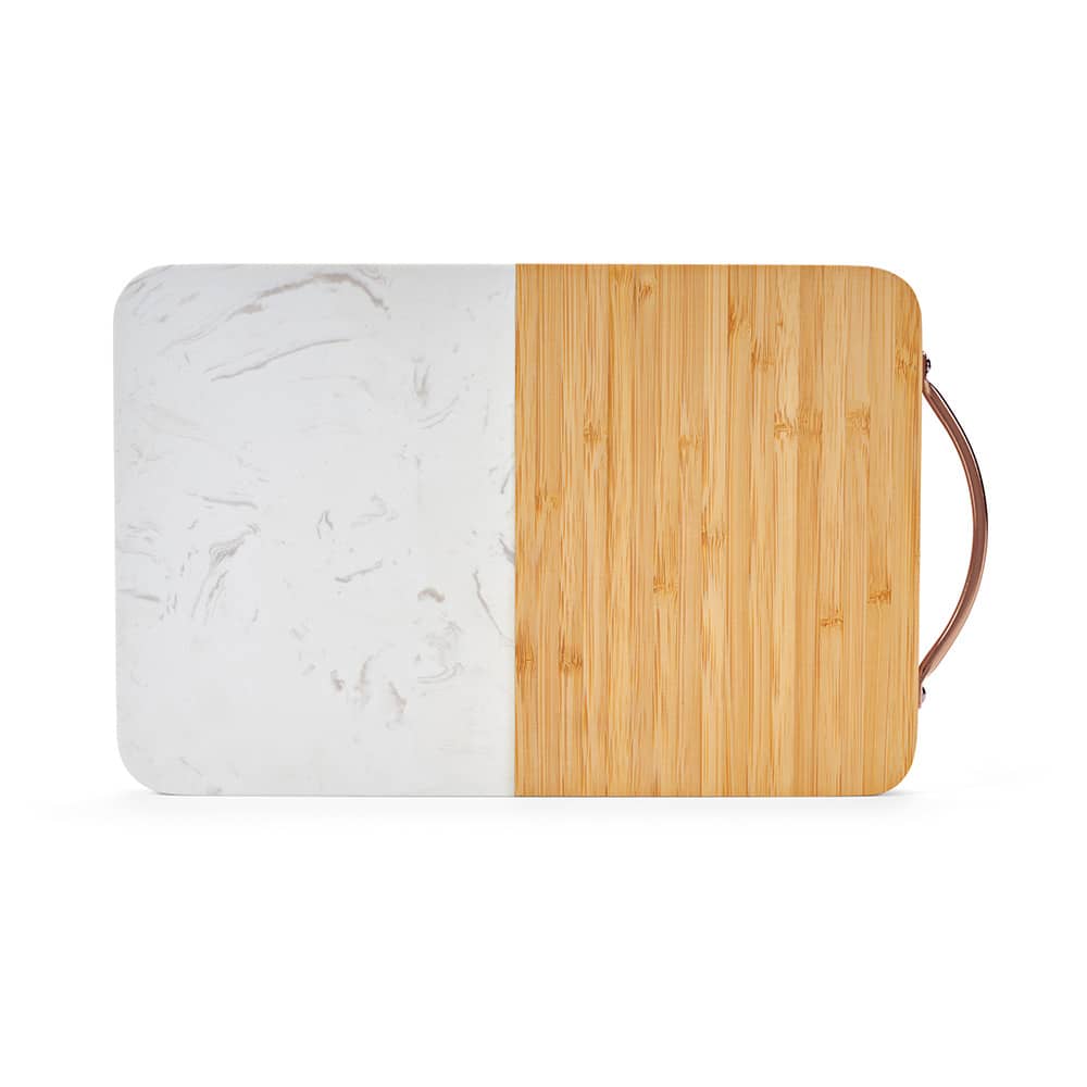 A marble and bamboo board with a handle, featuring a white marble surface and a natural bamboo section.