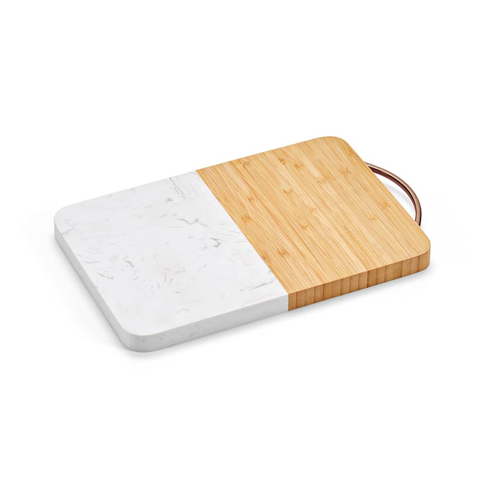 A marble and bamboo cutting board with a handle, featuring a white marble surface and a light bamboo section.