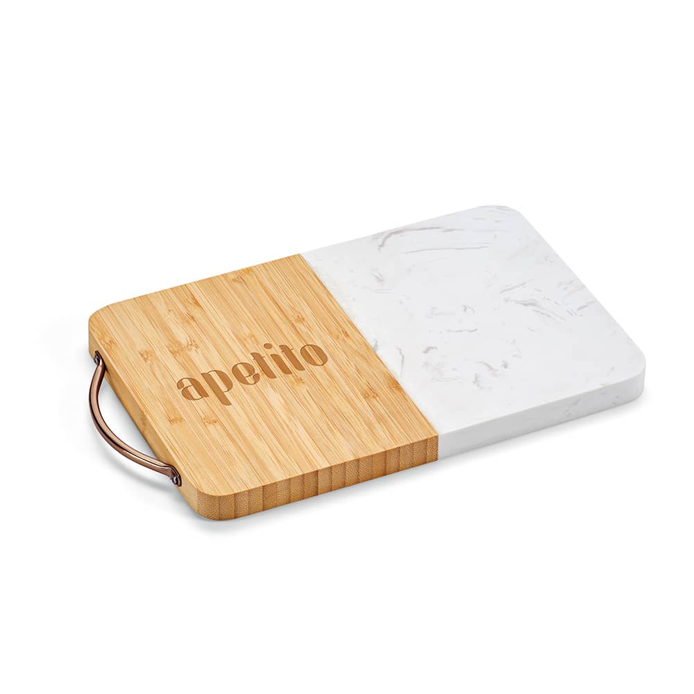 A marble and bamboo serving board with a handle, featuring a light wood and white marble design. Includes a logo.