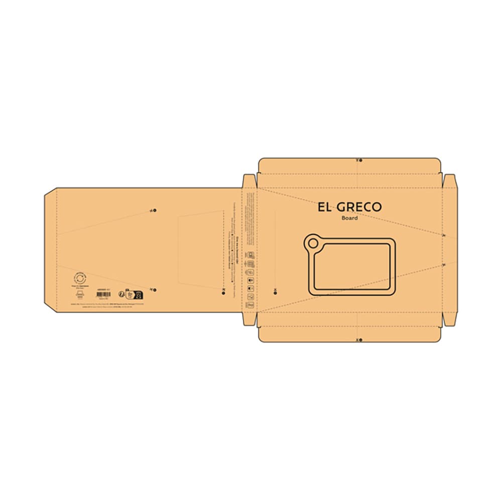 A flat packaging design for the El Greco Board Bamboo, featuring a built-in corner handle and an orange background.
