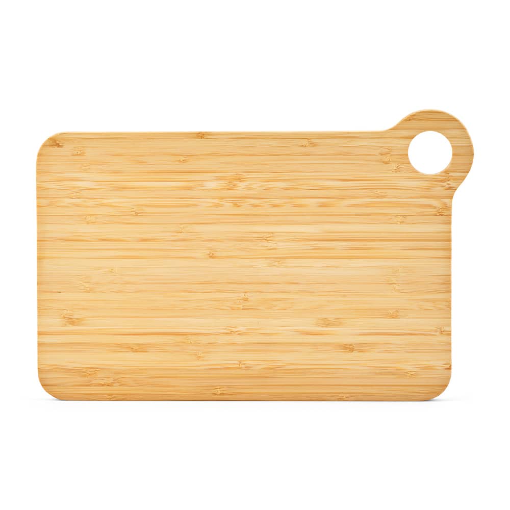 A bamboo cutting board with a built-in corner handle, featuring a natural finish. It has a smooth, rectangular surface.