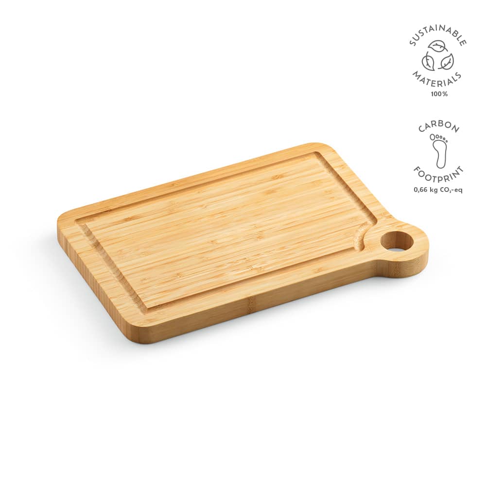 A bamboo cutting board with a built-in corner handle, featuring a rectangular design and smooth finish.