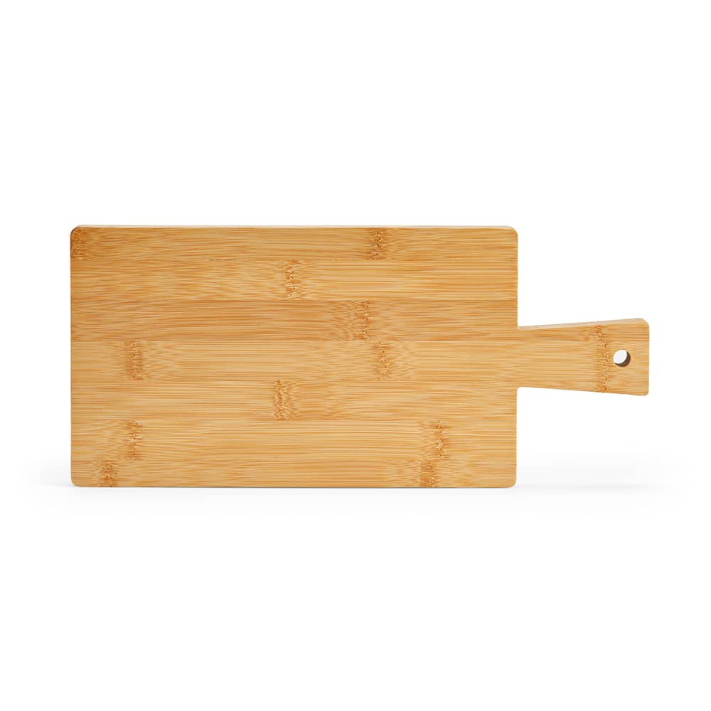 A bamboo board slate with a handle, featuring a smooth, natural wood finish. It includes a hole for easy hanging.