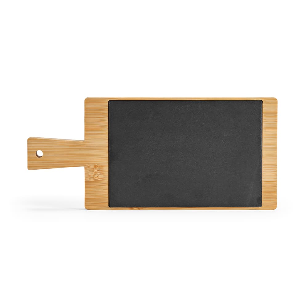 A bamboo board with a black slate surface and a handle, featuring a small hole for hanging.