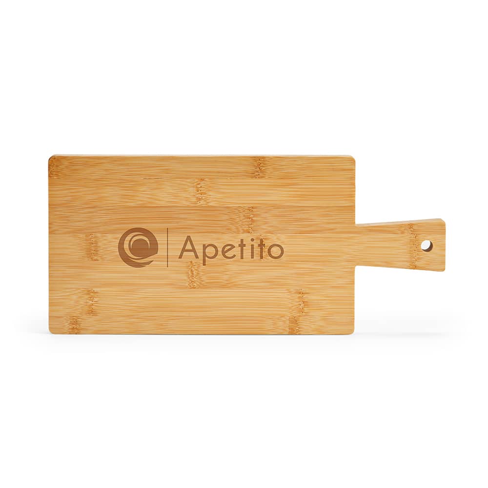 A bamboo board with a handle, featuring a logo and a smooth, natural finish.