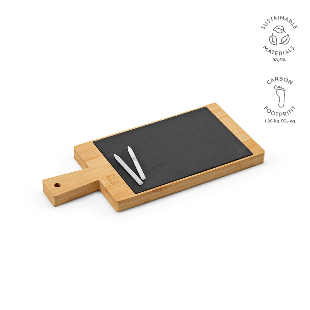 A bamboo board with a black slate surface, featuring two pieces of chalk and a handle. Sustainable materials used.