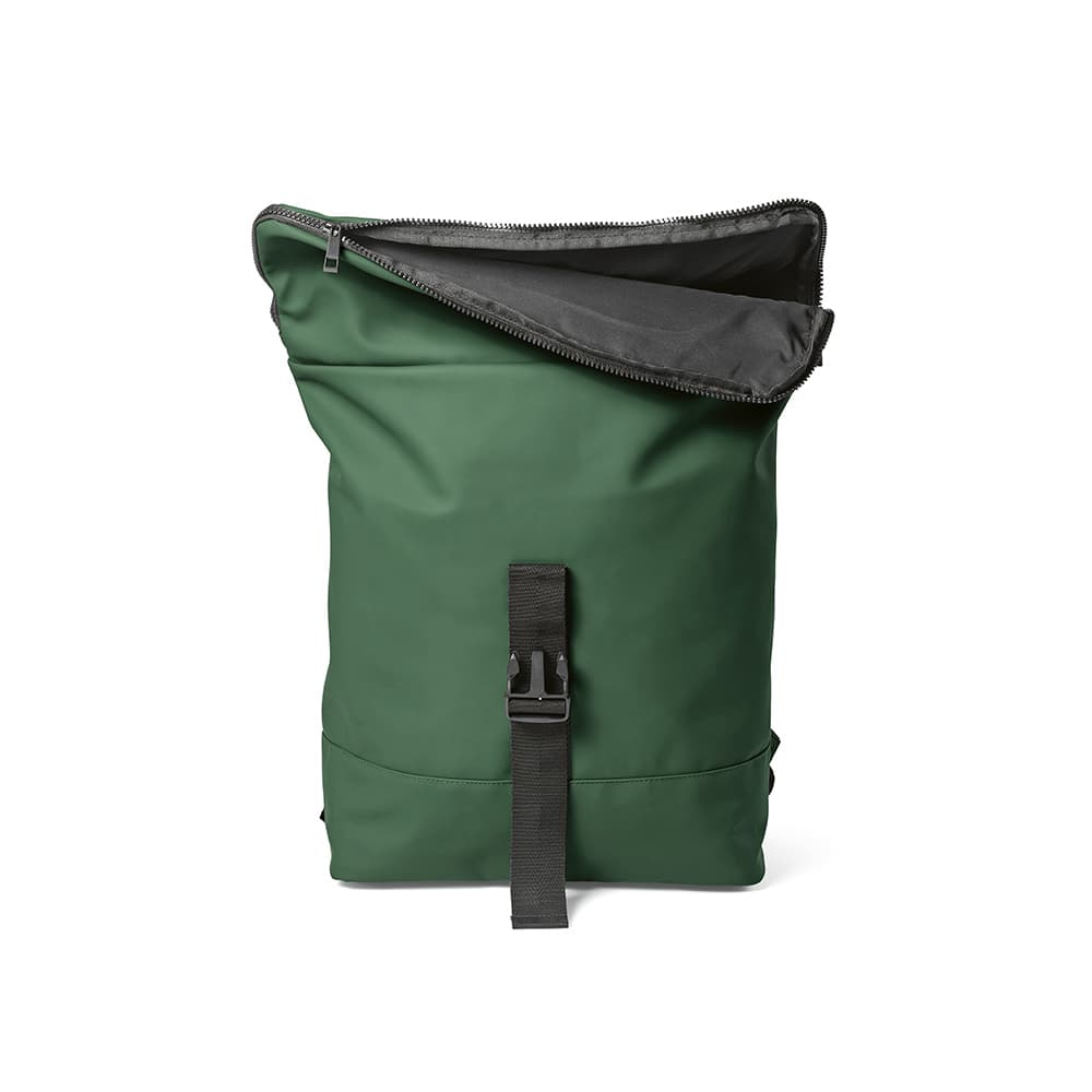 A green backpack with a roll-top design, featuring a black interior and a front strap buckle. Includes a logo.
