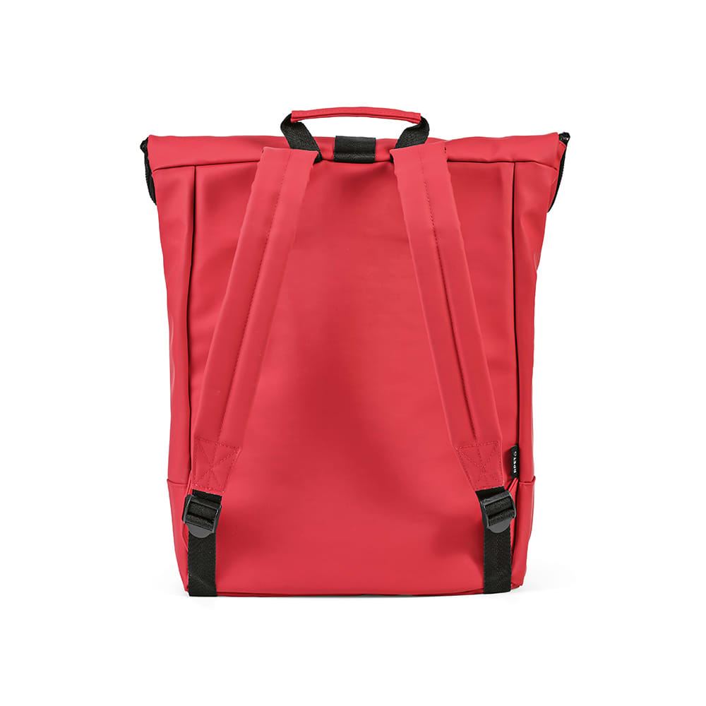 A red backpack featuring adjustable straps and a top handle. It has a logo on the front.
