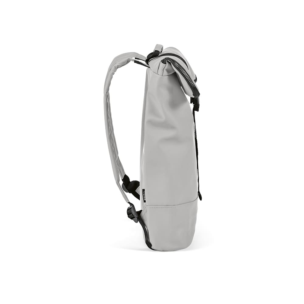 A grey Milan backpack with a sleek design, featuring adjustable straps and a side pocket, suitable for a 17" laptop.